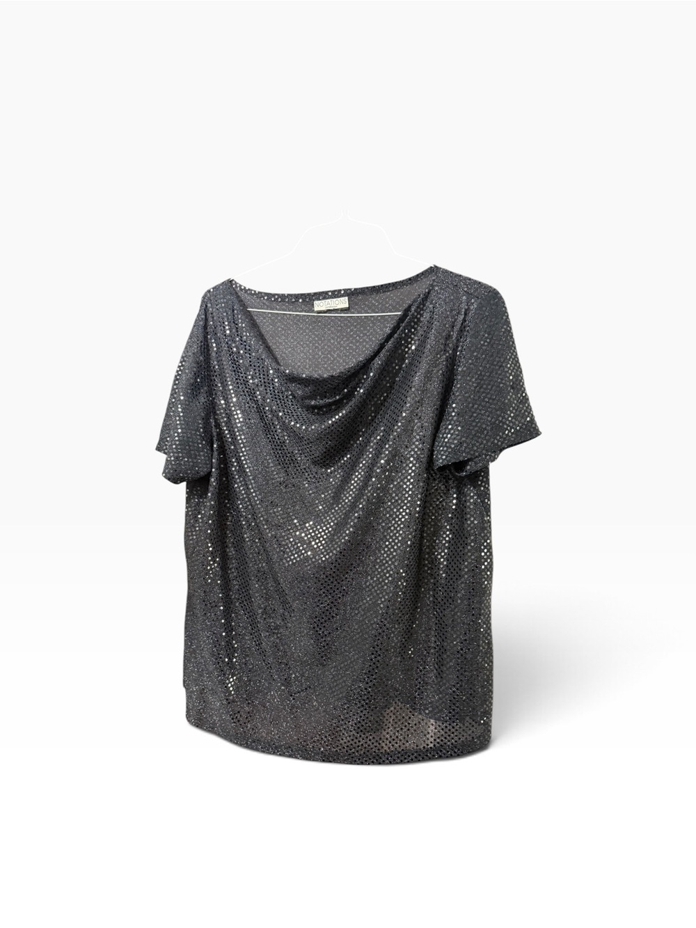 Notations Sequin Drape Neck Short Sleeve Top - Black